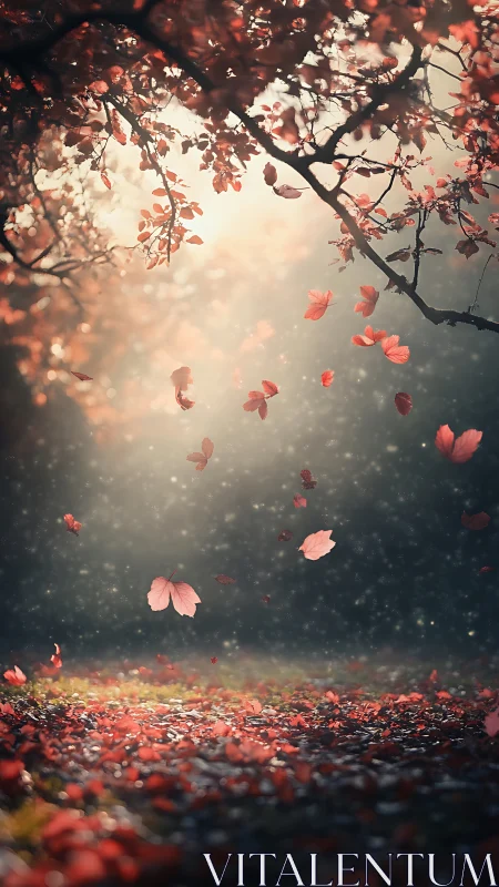 Autumn leaves drift through soft forest light in silence.