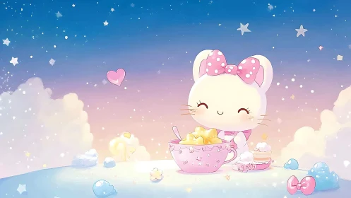 Cute pastel mouse enjoys starry tea in dreamy skyland.