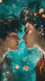 Two faces submerged in luminescent teal liquid medium