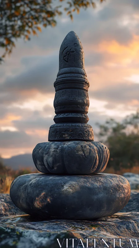 Ancient stone shrine rises calmly against a warm dusk sky