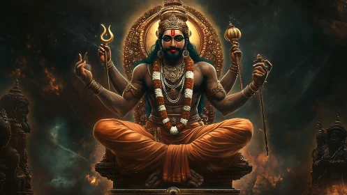 Highly detailed multi-armed deity portrait with volumetric lighting