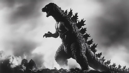 Monochrome kaiju silhouette with atmospheric volumetric fog.