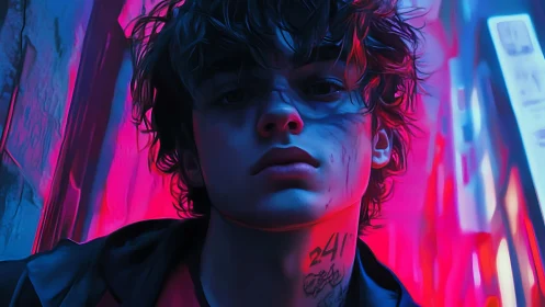 Neon-soaked rebel studies midnight alleys with restless calm