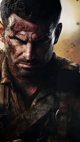 Battle-hardened soldier stares ahead through drifting embers