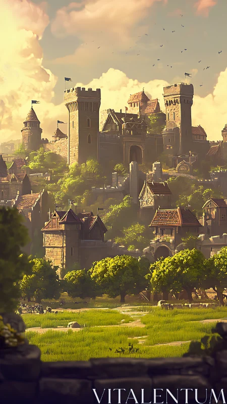 Medieval stone fortress rises above sunlit rural fields