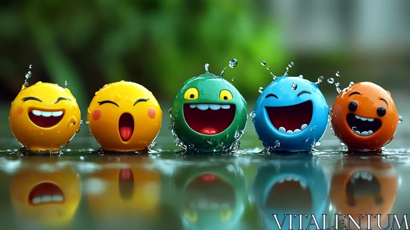 Joyful water-splashing emoji balls share bright laughter together