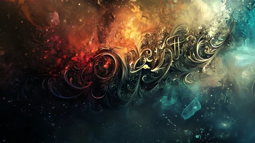 Swirling cosmic typography in molten teal and ember gradients.