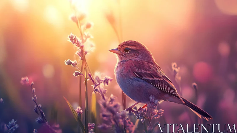 Songbird rests in glowing meadow light at sunset