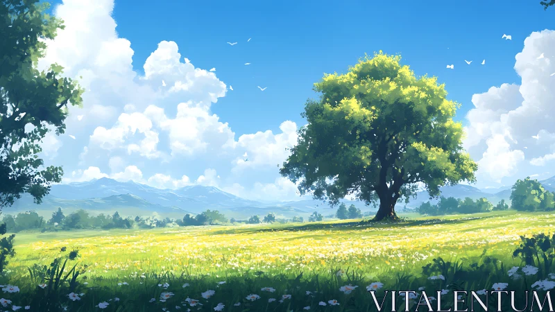 Summer meadow stretches out under a bright welcoming sky