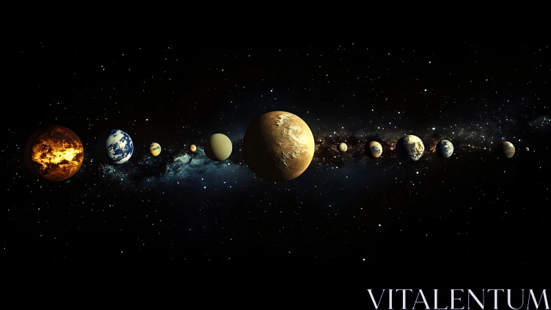 Exoplanet lineup across deep starfield in cosmic panorama.
