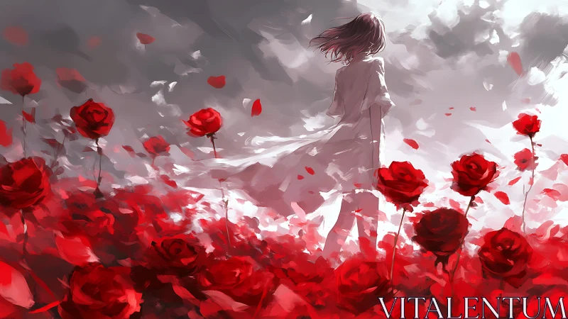 Solitary girl amid stormlit crimson rose field.