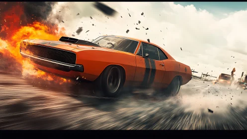 Orange muscle car skids past explosion in dynamic chase.
