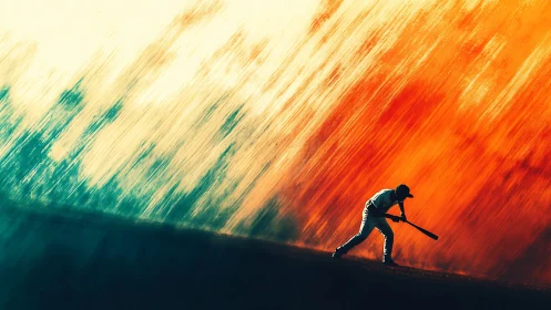 Silhouette baseball batter against blazing abstract sky.