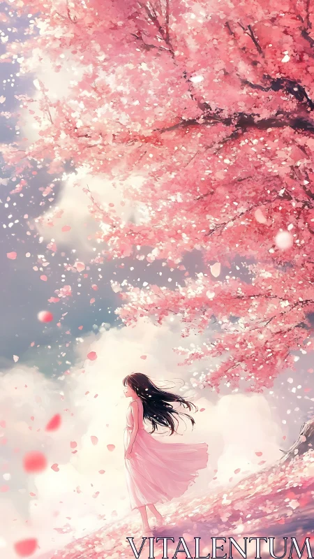 Soft petals swirl as a girl strolls beneath pink blossoms