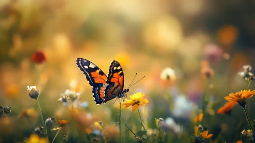 Monarch butterfly in shallow‑depth bokeh meadow study.