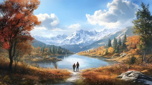 Autumn valley lake with hikers below snowcapped mountains.