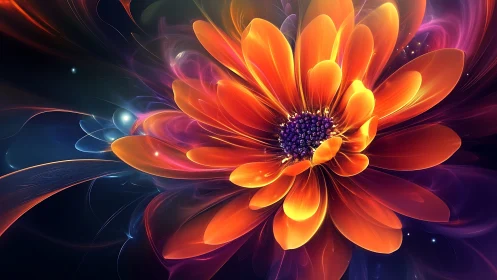 Luminous orange fractal flower with radiant spectral energy field