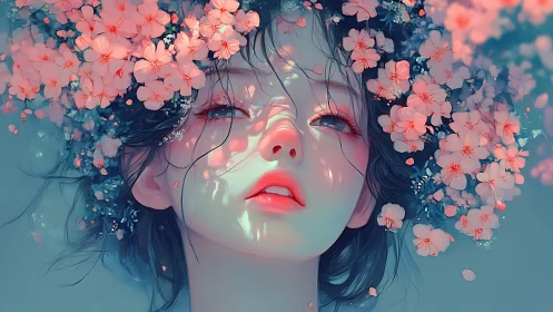 Digital portrait of girl framed by soft pink blossoms.