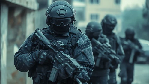 Tactical assault team advancing through urban alleyway.