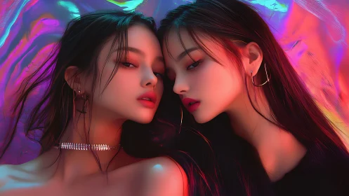 Neon mirror muses in iridescent dreamlight embrace.