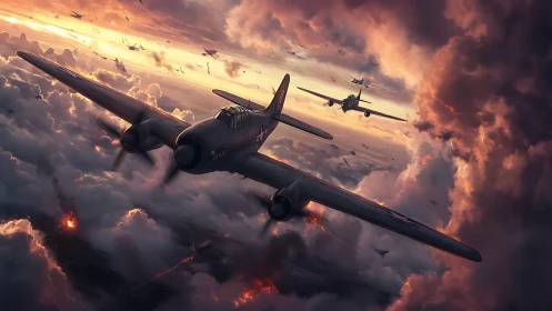 WWII bombers slice through burning storm clouds at dusk