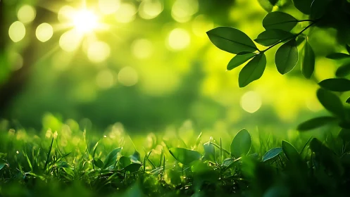 Sunlit Green Grass and Leaves in Soft Focus Nature Scene.