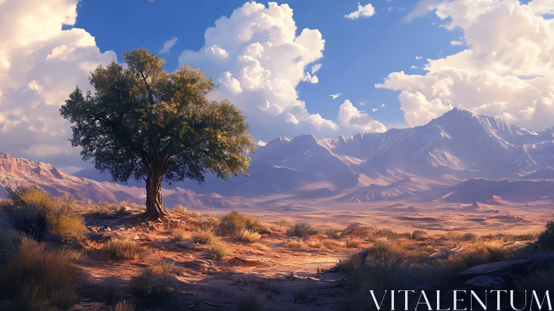 Solitary desert tree stands before sunlit mountain range.