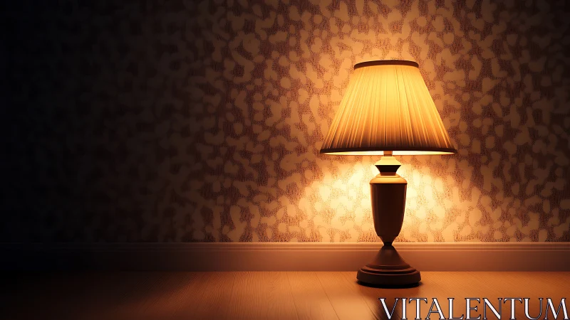 Warm table lamp casting soft glow on patterned wall.