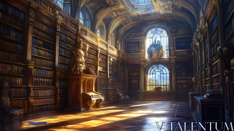 Grand baroque library hall with sunlight streaming in