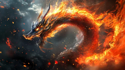 Fiery serpentine dragon arcs through storm and embers.