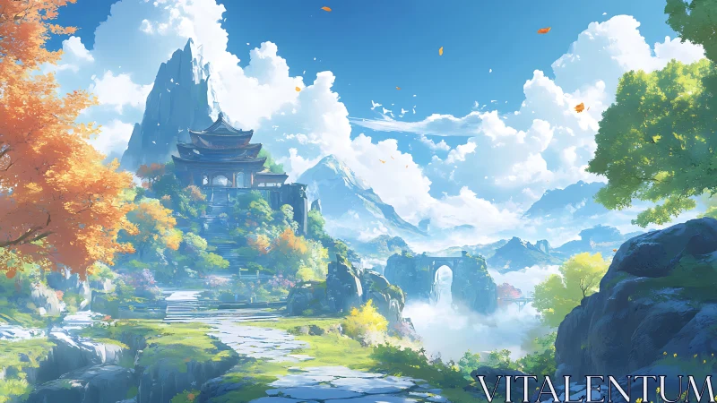 Sunny mountain temple retreat in a dreamy sky kingdom.