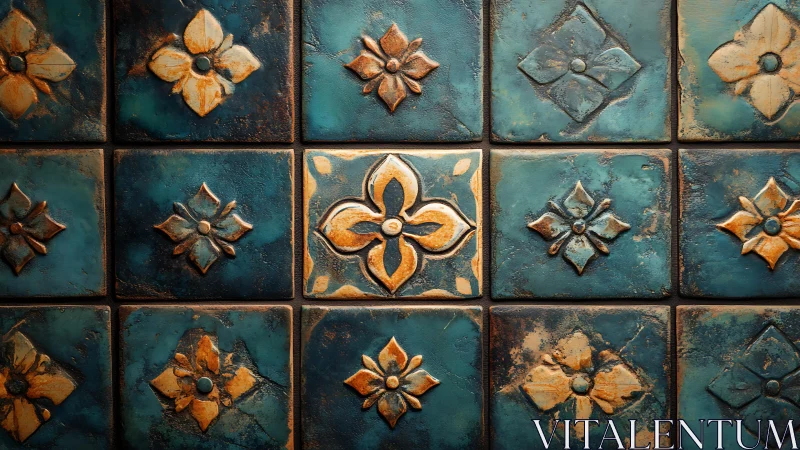 Oxidized ceramic tile matrix with embossed floral reliefs.