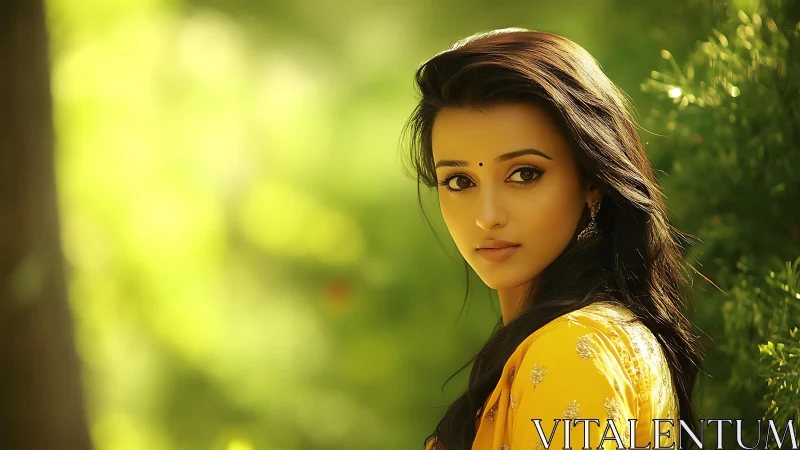 Portrait of woman in yellow dress under soft golden bokeh.