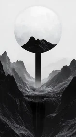 Monochrome mountain monolith beneath suspended circle portal.