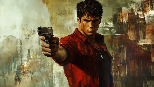 Gun-wielding male figure in red shirt within abstract cityscape.