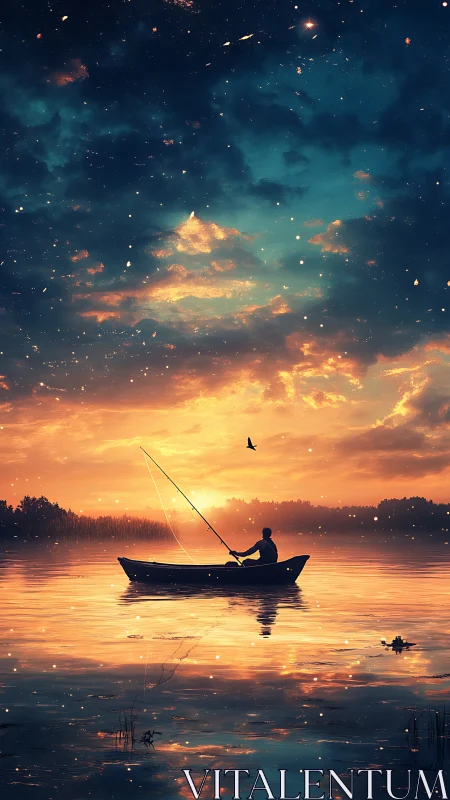 Soft twilight embraces a lone fisherman on a glowing lake