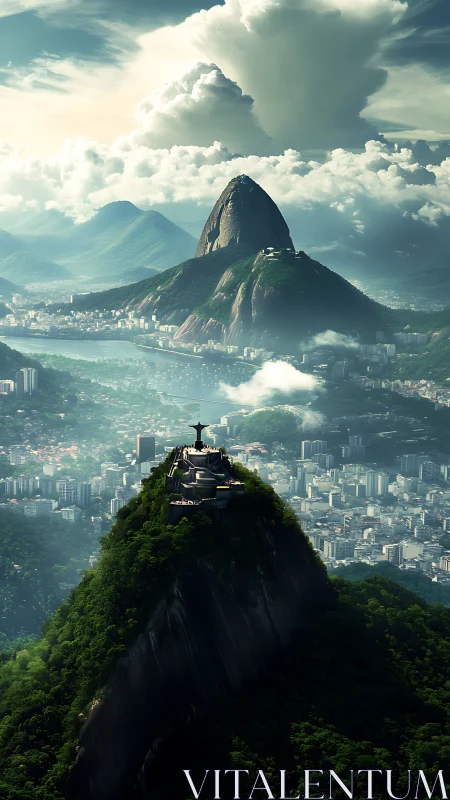 Christ the Redeemer rises above a misty, sunlit Rio skyline.