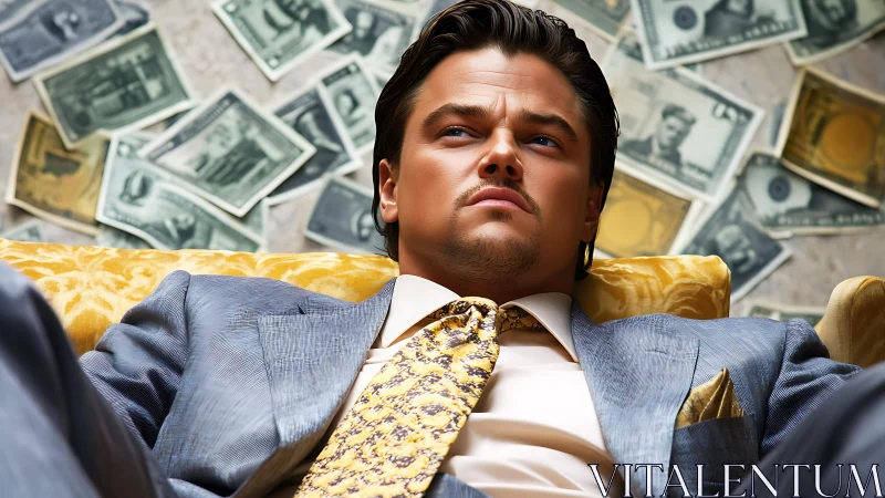 Wealthy businessman reclines in luxury amid scattered cash.
