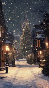 Snowfall illuminates a decorated Christmas street with warm lamplight