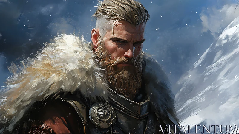 Nordic warrior portrait in icy mountains with textured fur cloak