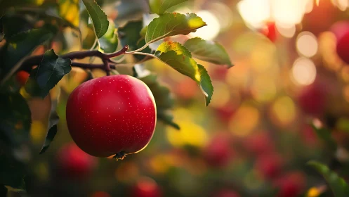 Ripe red apple rendered in shallow-depth orchard bokeh light