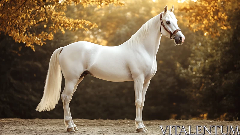 White horse standing in sunlit outdoor forest arena.