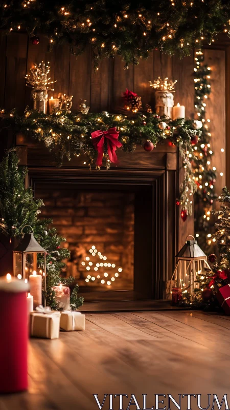 Warm Christmas fireplace with candles and garlands decor.