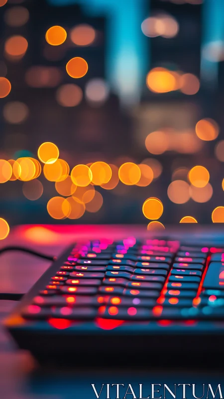RGB keyboard on desk with blurred city lights background.