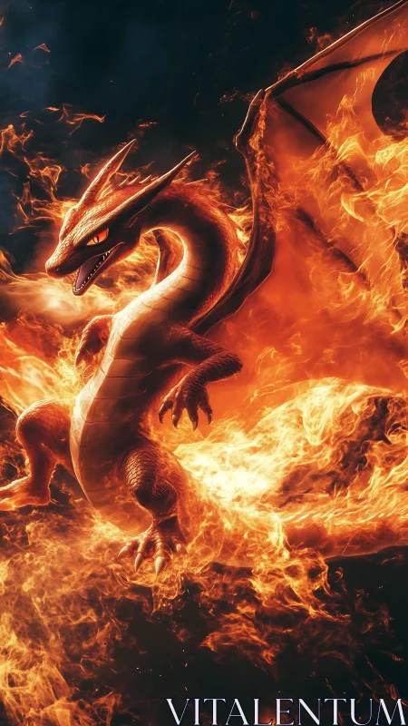 Inferno-winged dragon swirling in molten skyfire storm.