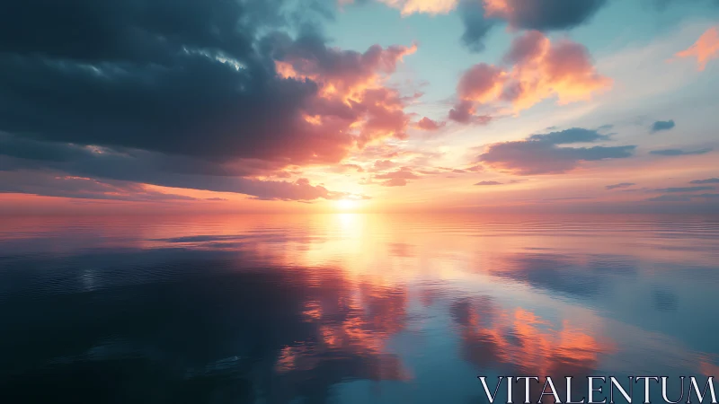Symmetric ocean sunset renders chromatic cloud reflections