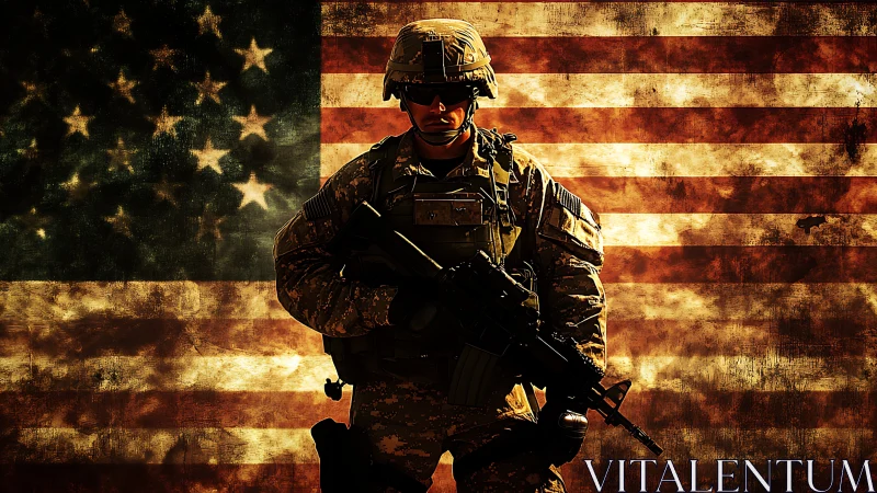 US soldier silhouette stands before distressed flag background