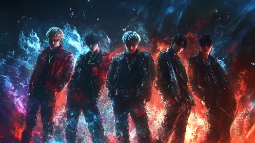 Fire and starlight sculpt a five-member neon storm