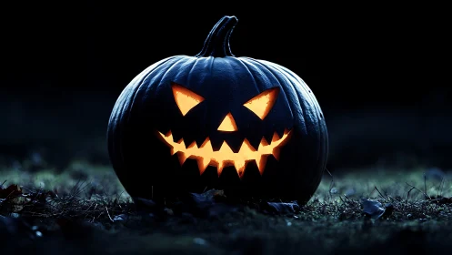 Grinning jack-o’-lantern glows against deep nocturnal background