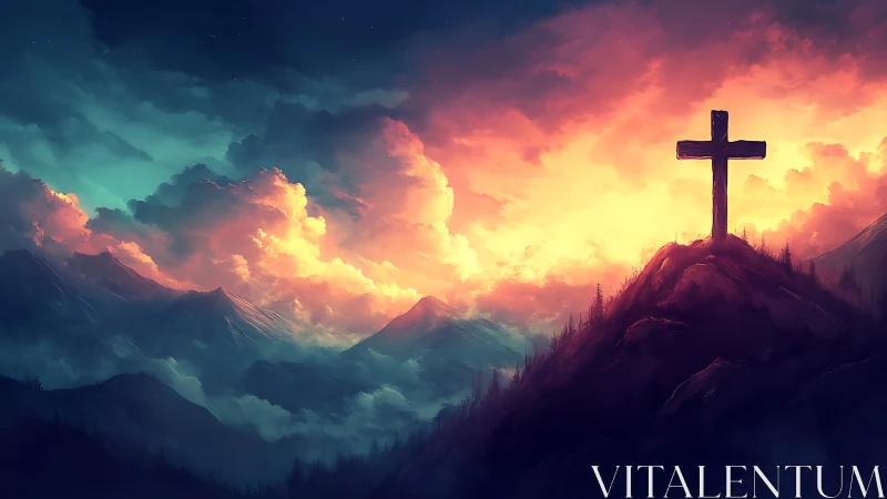 Mountain cross silhouette under blazing pastel storm sky.